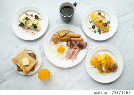 American and Thai breakfast set on the marble background American and Thai breakfast set on the marble background 75371567