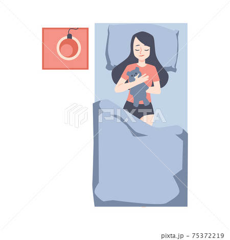 Sleep pose of cute girl with toy a vector flat isolated illustration Sleep pose of cute girl with toy a vector flat isolated illustration 75372219