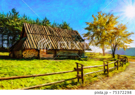 Digital oil painting canvas - old wooden highlander hut in the Carpathian Mountains on a sunny day Digital oil painting canvas - old wooden highlander hut in the Carpathian Mountains on a sunny day 75372298