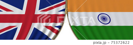 the United Kingdom and India cooperation or conflict, flags and closing or opening zipper between them. Conceptual 3D rendering 75372622