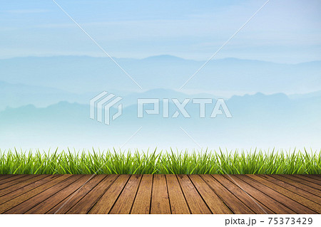 grass on wooden floor and mountain background grass on wooden floor and mountain background 75373429
