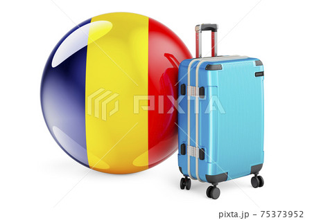 Suitcase with Romanian flag. Romania travel concept, 3D rendering 75373952