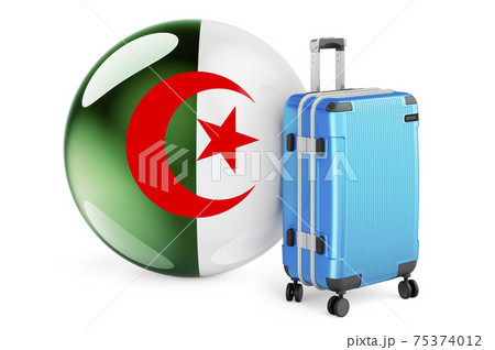 Suitcase with Algerian flag. Algeria travel concept, 3D rendering 75374012