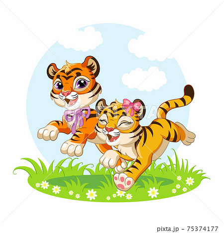 Cute cartoon little tigers running on a meadow - Stock Illustration  [75374177] - PIXTA