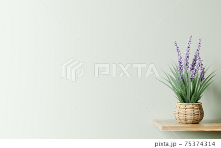 Interior design of living room with wooden shelf. Wall decor with flower in woven basket plant pot. Green wall with copy space. Modern home background. 3d rendering Interior design of living room with wooden shelf. Wall decor with flower in woven basket plant pot. Green wall with copy space. Modern home background. 3d rendering 75374314