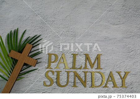 Palm sunday background. Cross and palm on grey background. Palm sunday background. Cross and palm on grey background. 75374403