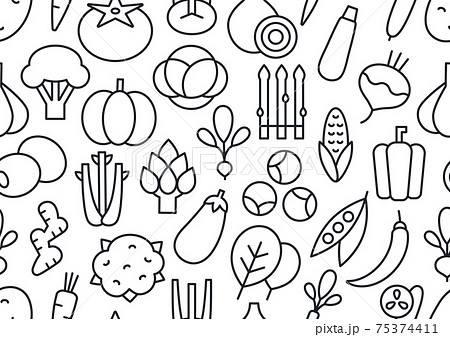 Vector seamless pattern, endless texture with vegetables. Set of isolated linear icons. Contour, shape, outline. Healthy food and vitamins Vector seamless pattern, endless texture with vegetables. Set of isolated linear icons. Contour, shape, outline. Healthy food and vitamins 75374411