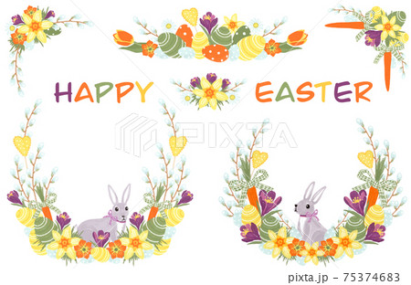 Happy Easter and Spring compositions with bunny, painted eggs and spring flowers 75374683