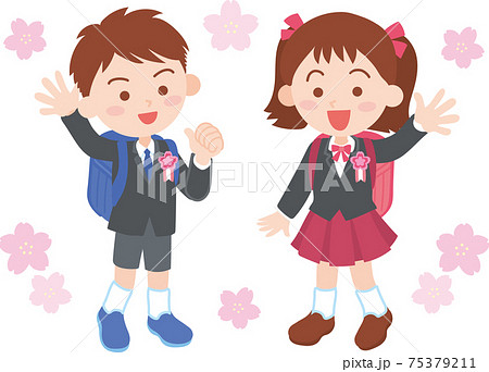 入学式イメージ_男の子と女の子と桜の花 75379211