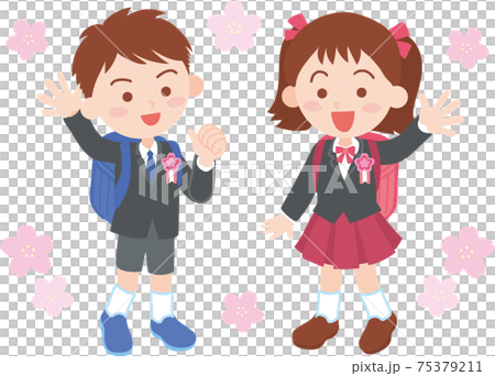 入学式イメージ_男の子と女の子と桜の花 75379211