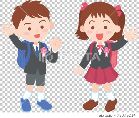 入学式 小学一年生 男の子と女の子のイラスト素材