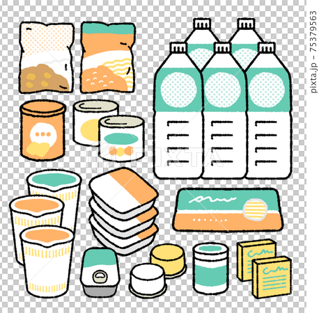 水や食べ物やお菓子などの食料備蓄のイラスト素材
