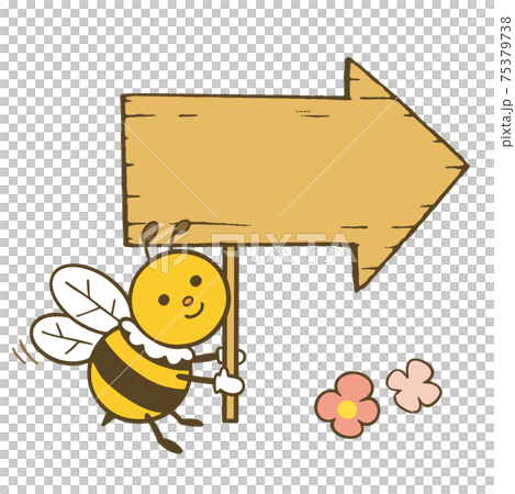 矢印の看板を持っているかわいいミツバチのキャラクターのイラストのイラスト素材