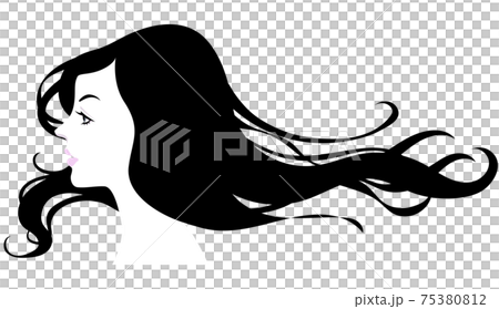 黒髪をなびかせる女性の横顔のイラスト素材