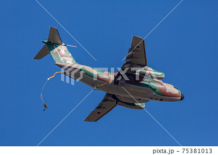 航空機からパラシュート降下する自衛隊員（習志野市／千葉） 75381013