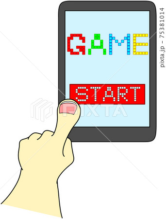 スマートフォンとゲームのスタート画面と指 75381014