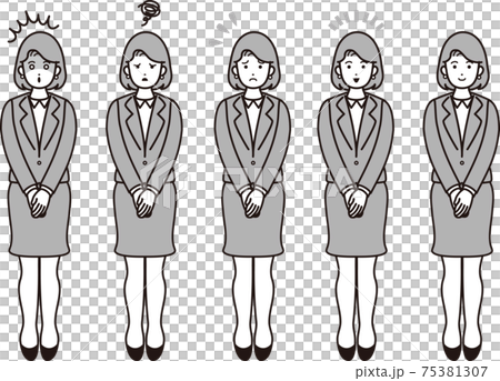 女性 立ちポーズ 表情 バリエーション ビジネス スーツ 全身 イラスト素材セットのイラスト素材