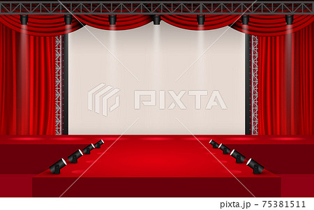 red stage with spotlight and white screen in the hall 75381511