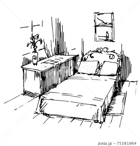 Ink sketch of the bedroom. A double bed with pillows and a chest of drawers by the window 75381964