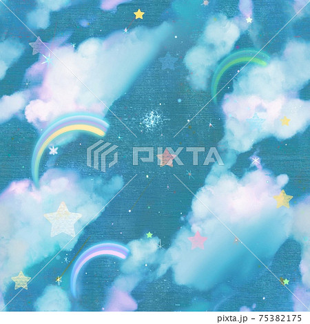 青空に漂う雲と星と虹の夢かわいい シームレスパターンイラストのイラスト素材