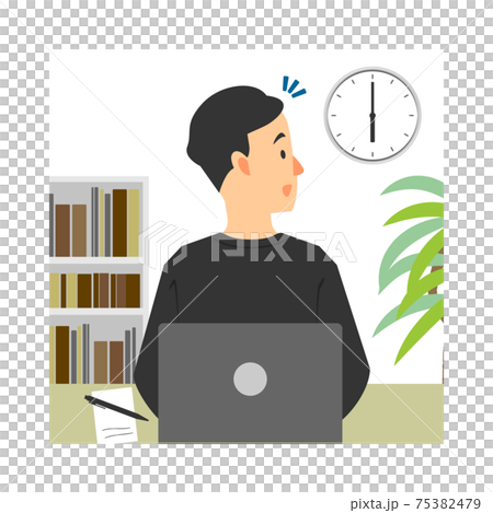 在宅勤務をしながら時間が気になる男性のイラストのイラスト素材