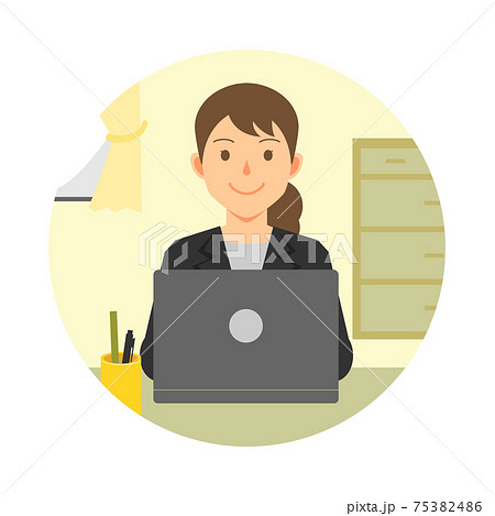 スーツで在宅勤務をする女性のイラストのイラスト素材