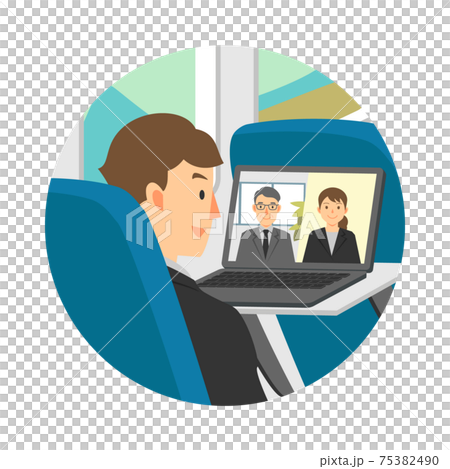 移動中にリモートでオンライン会議をする男性のイラスト 75382490