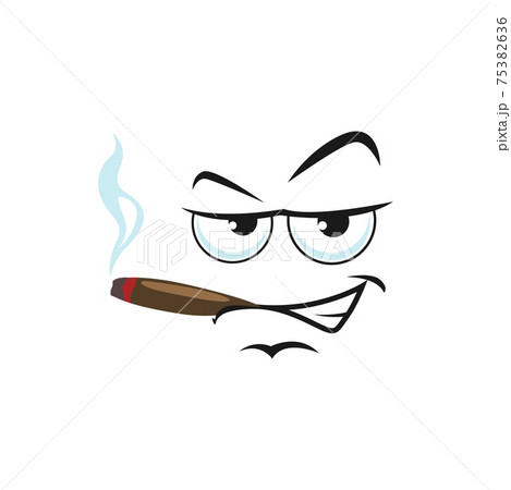 cartoon cigarette with face Grumpy emoticon with smirk smile smoking cigarette - Stock Illustration  [75382636]