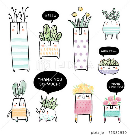 手書きの鉢植え植物水彩イラストセット 手書きの鉢植え植物水彩イラストセット 75382950