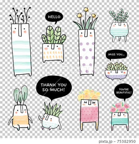 手書きの鉢植え植物水彩イラストセット 手書きの鉢植え植物水彩イラストセット 75382950