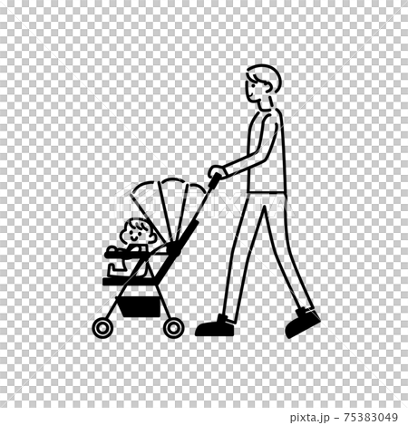 ベビーカーと赤ちゃんとベビーカーを押す人イラスト素材 75383049