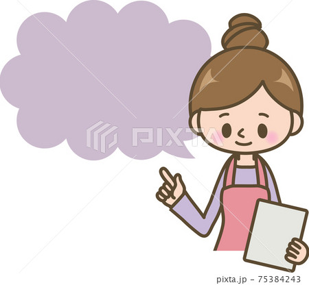 エプロン姿の女性_指差し_ふきだし エプロン姿の女性_指差し_ふきだし 75384243