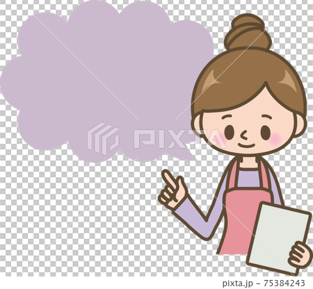 エプロン姿の女性_指差し_ふきだし エプロン姿の女性_指差し_ふきだし 75384243