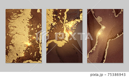 Set of backgrounds for banner, poster design with chocolate and fortuna gold marble pattern 75386943