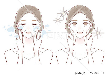 クレンジング・洗顔をする中年女性のビフォーアフター 75386984