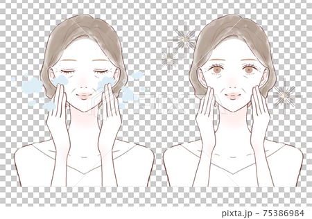 クレンジング・洗顔をする中年女性のビフォーアフター 75386984