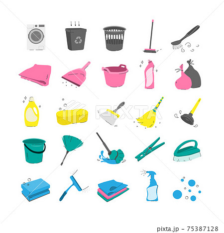Multicolor illustration concept of cleaning products. Vector isolated icons. Washing, ironing, cleaning. Multicolor illustration concept of cleaning products. Vector isolated icons. Washing, ironing, cleaning. 75387128