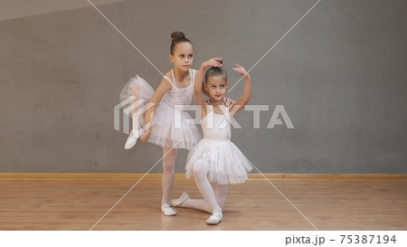 Two cheerful little girls standing in pose in ballet studio Two cheerful little girls standing in pose in ballet studio 75387194