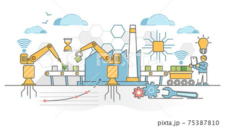 Factory automation with machine technology industrial robots outline concept 75387810