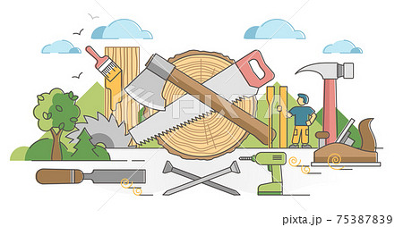 Woodworking process and carpentry craftsman occupation scene outline concept 75387839