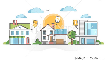 Real estate houses for sale and property purchase possibility outline concept Real estate houses for sale and property purchase possibility outline concept 75387868