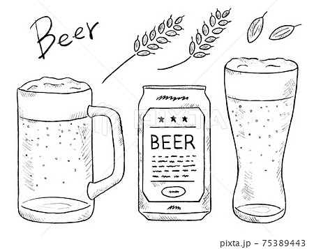 ビールや麦芽の白黒手書きイラストイメージのイラスト素材