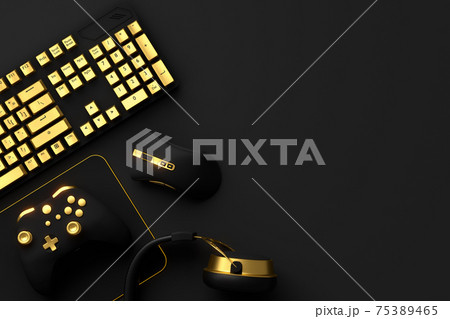 Top view of gamer workspace and gear like mouse, keyboard, joystick, headset Top view of gamer workspace and gear like mouse, keyboard, joystick, headset 75389465
