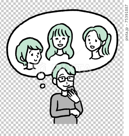様々なタイプの女性から結婚相手を吟味する婚活男性のイラスト 75391887