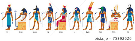 Ancient egyptian gods. Egyptian culture gods, Anubis, Osiris, Isis, Bastet and Amun Ra. Historical egyptian culture characters vector illustration set 75392626