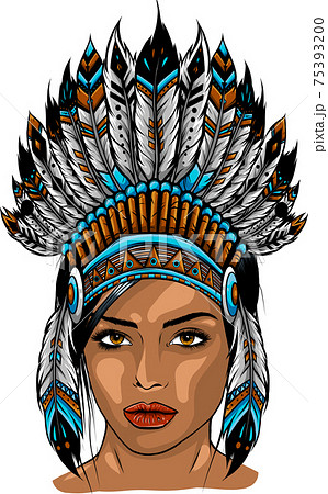 draw in black and white of Beautiful girl in a headdress of North American Indians. 75393200