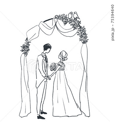 ウエディングアーチと新郎新婦と鳥 ウエディング 結婚式のイラスト素材