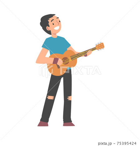 Joyful Boy Playing Acoustic Guitar, Teenager Playing Musical Instrument and Singing Cartoon Style Vector Illustration 75395424