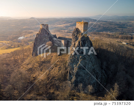 Trosky Castle in Bohemia paradise - Czech republic - aerial view - travel and architecture background Trosky Castle in Bohemia paradise - Czech republic - aerial view - travel and architecture background 75397320