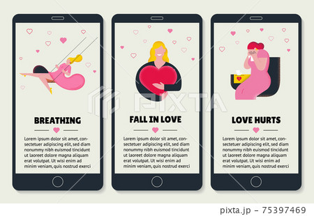 Collection set of female illustrations for Valentines day. Flat cute design. Woman holding big red heart. Woman in pink dress swings. Woman with broken heart crying. Style template for web app. 75397469